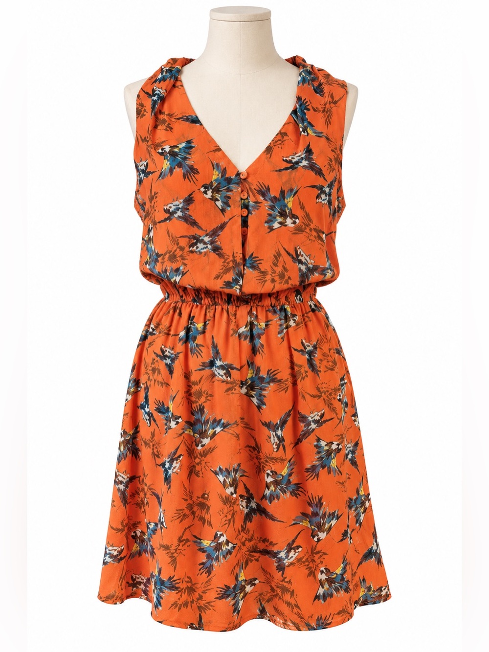 Bar III Orange Bird Print Fit & Flare Dress Medium Sleeveless V-Neck Resortwear
